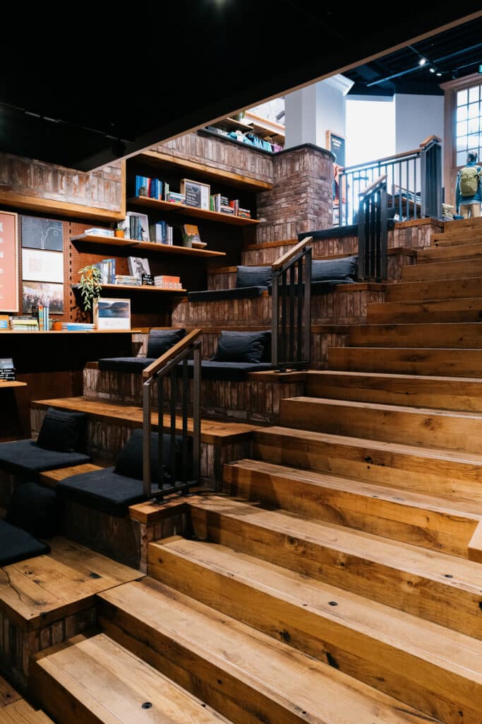 staircase of old oak wagon boards patagonia store